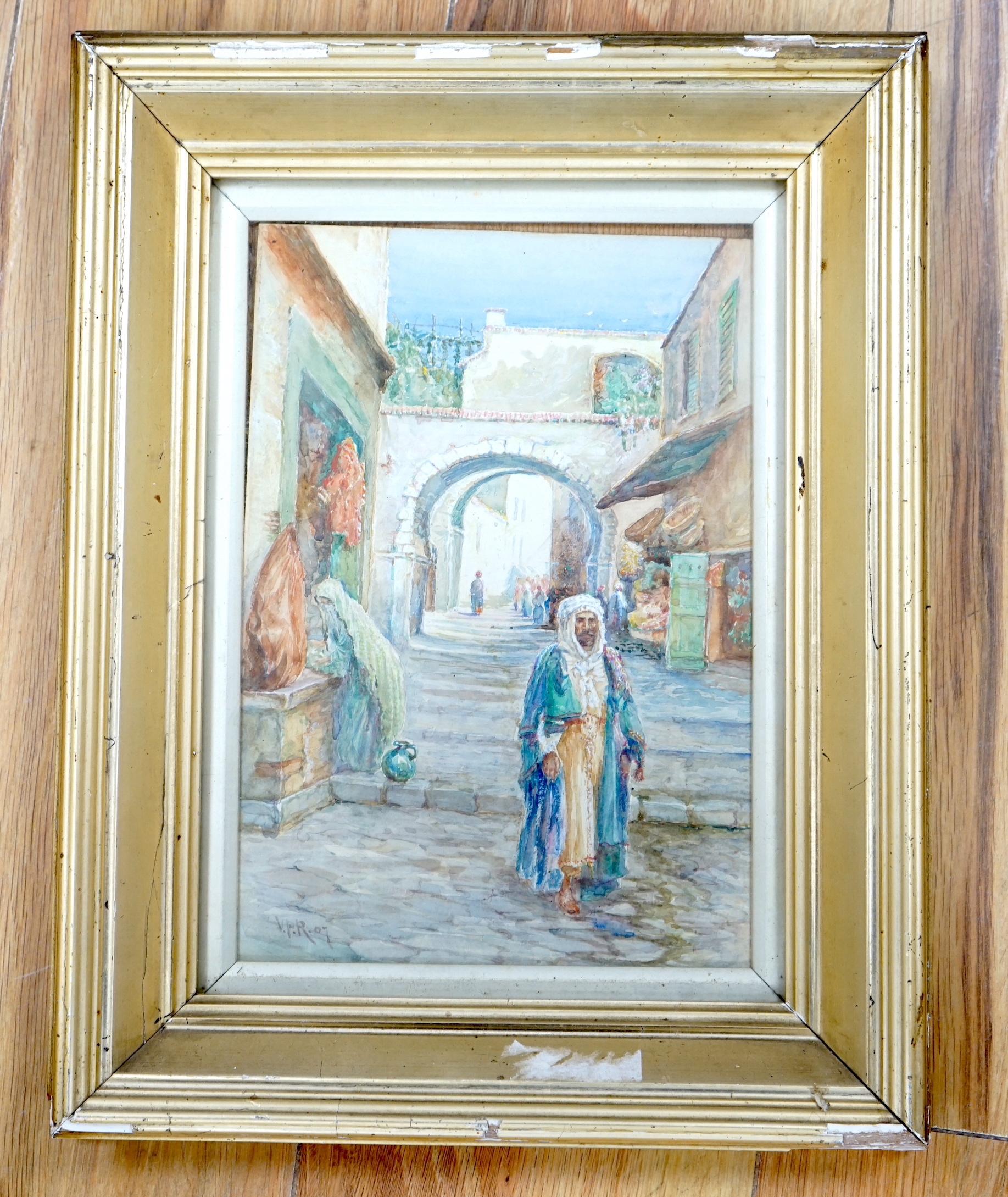 In the style of Lady Victoria Ramsay (1886-1974), watercolour, Cairo street scene, initialled and dated '07, 26 x 17.5cm